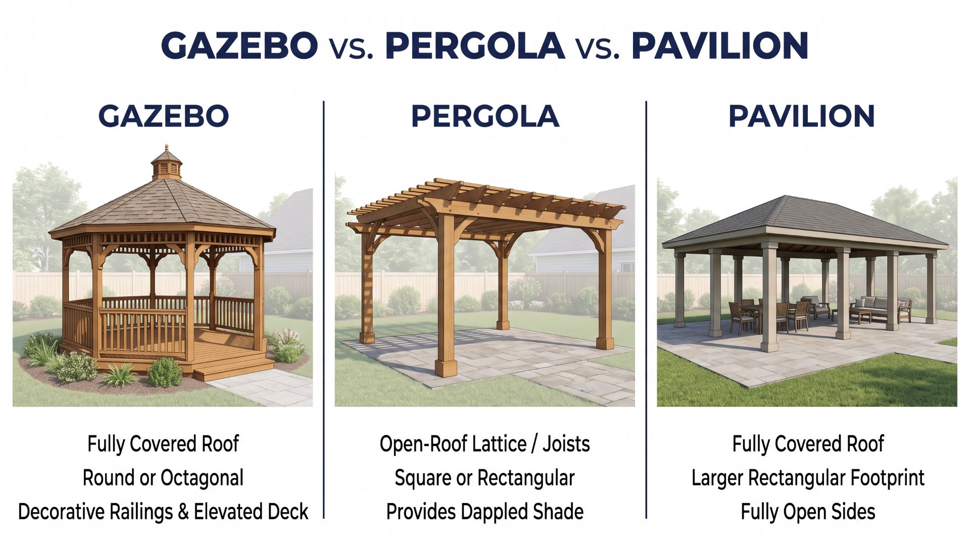 Gazebo pergola and pavilion comparison showing differences in roof design structure and outdoor use.