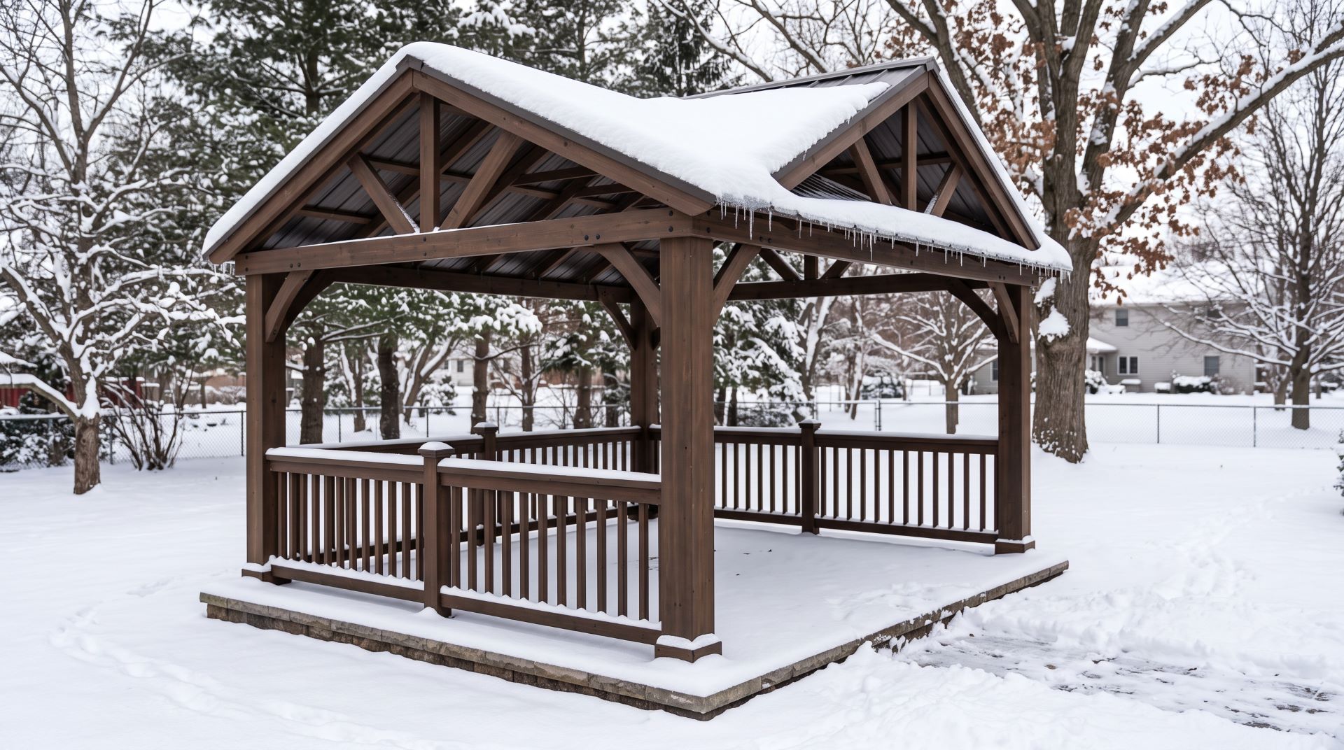 Hardtop backyard gazebo during a Midwest winter with snow on the roof and properly anchored support posts.