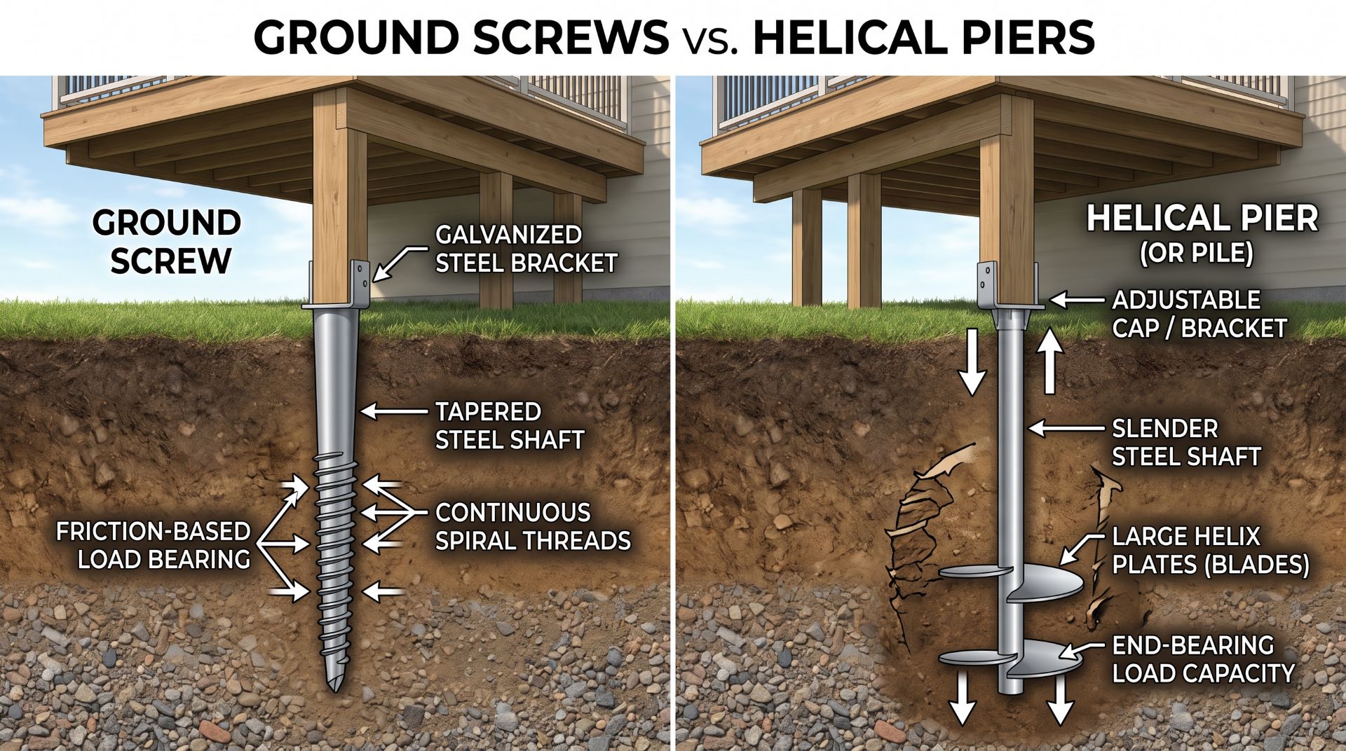 Ground screws compared with helical piers for deck foundations.