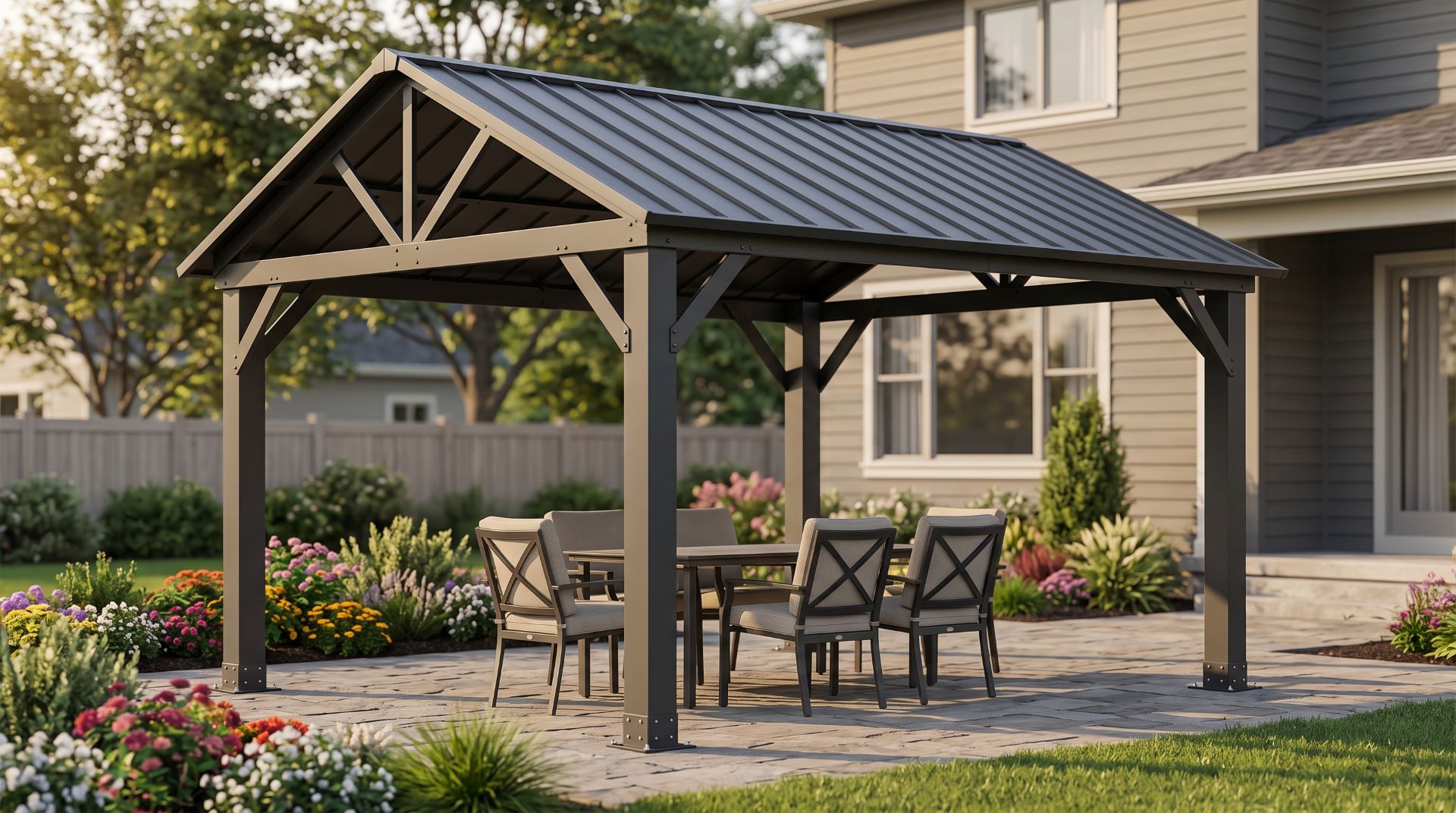 Hardtop gazebo with a metal roof and sturdy support posts on a residential backyard patio.