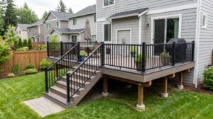 HOA approval for deck construction with composite decking and black aluminum railing.