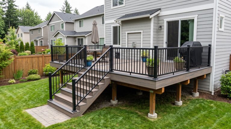 HOA approval for deck construction with composite decking and black aluminum railing.