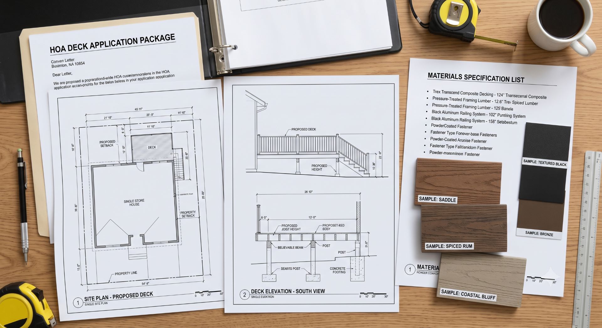 HOA approved deck plans with site drawings material samples and application documents.