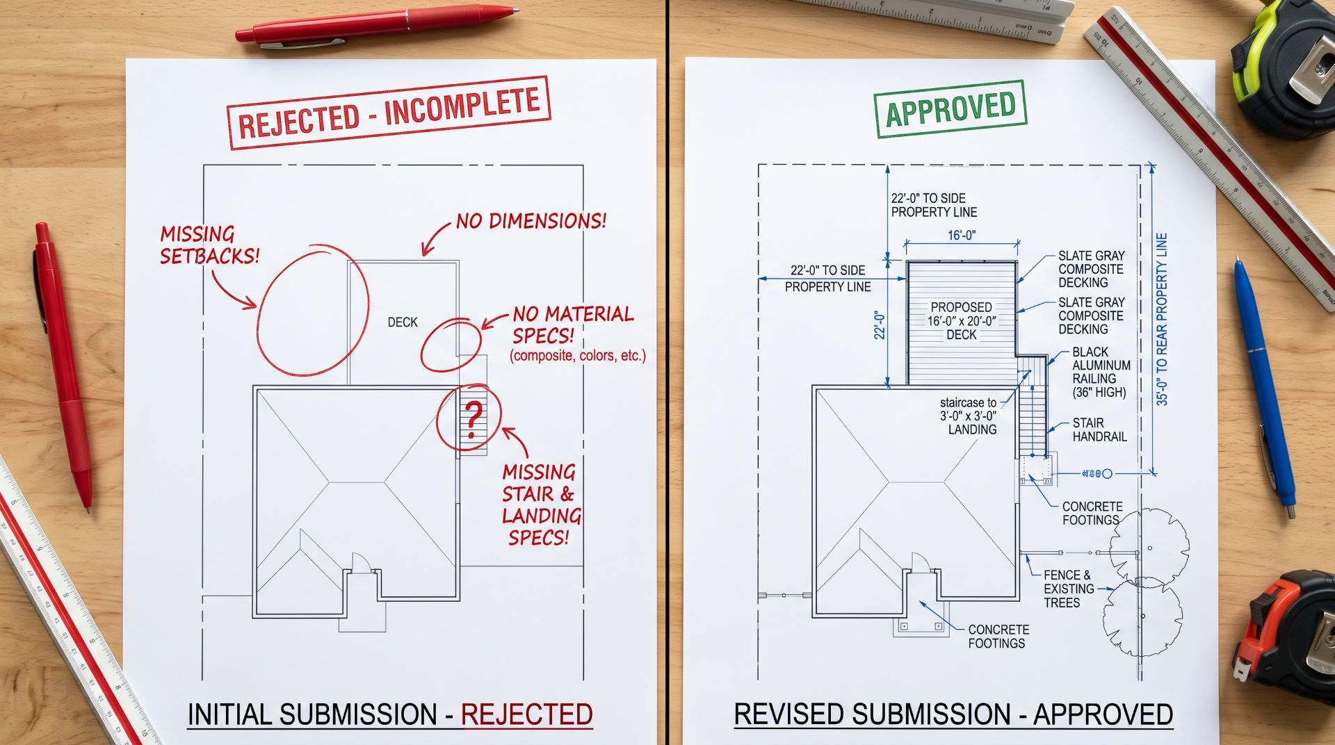 Common HOA deck approval mistakes corrected on deck construction plans.