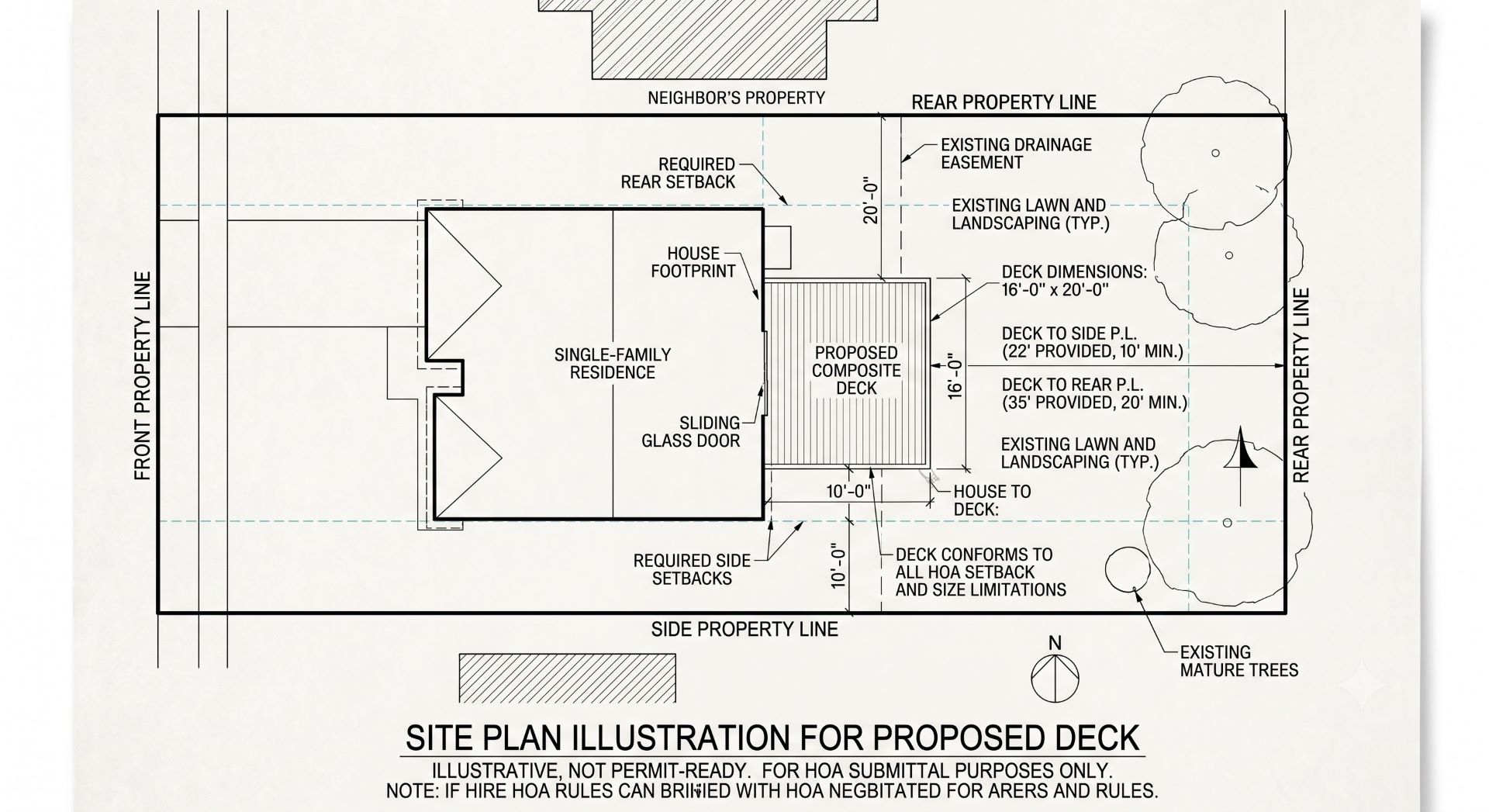 HOA deck site plan showing proposed deck location property boundaries and setbacks.
