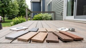 Several loose composite and PVC decking samples in gray, tan, and brown on a clean, structurally believable residential deck, with siding and landscaping visible.