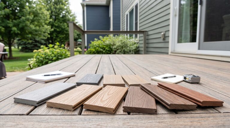 Several loose composite and PVC decking samples in gray, tan, and brown on a clean, structurally believable residential deck, with siding and landscaping visible.