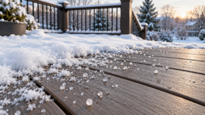 Ice melt granules on composite decking with snow during winter deck maintenance.
