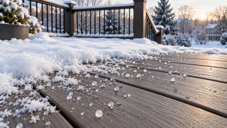 Ice melt granules on composite decking with snow during winter deck maintenance.