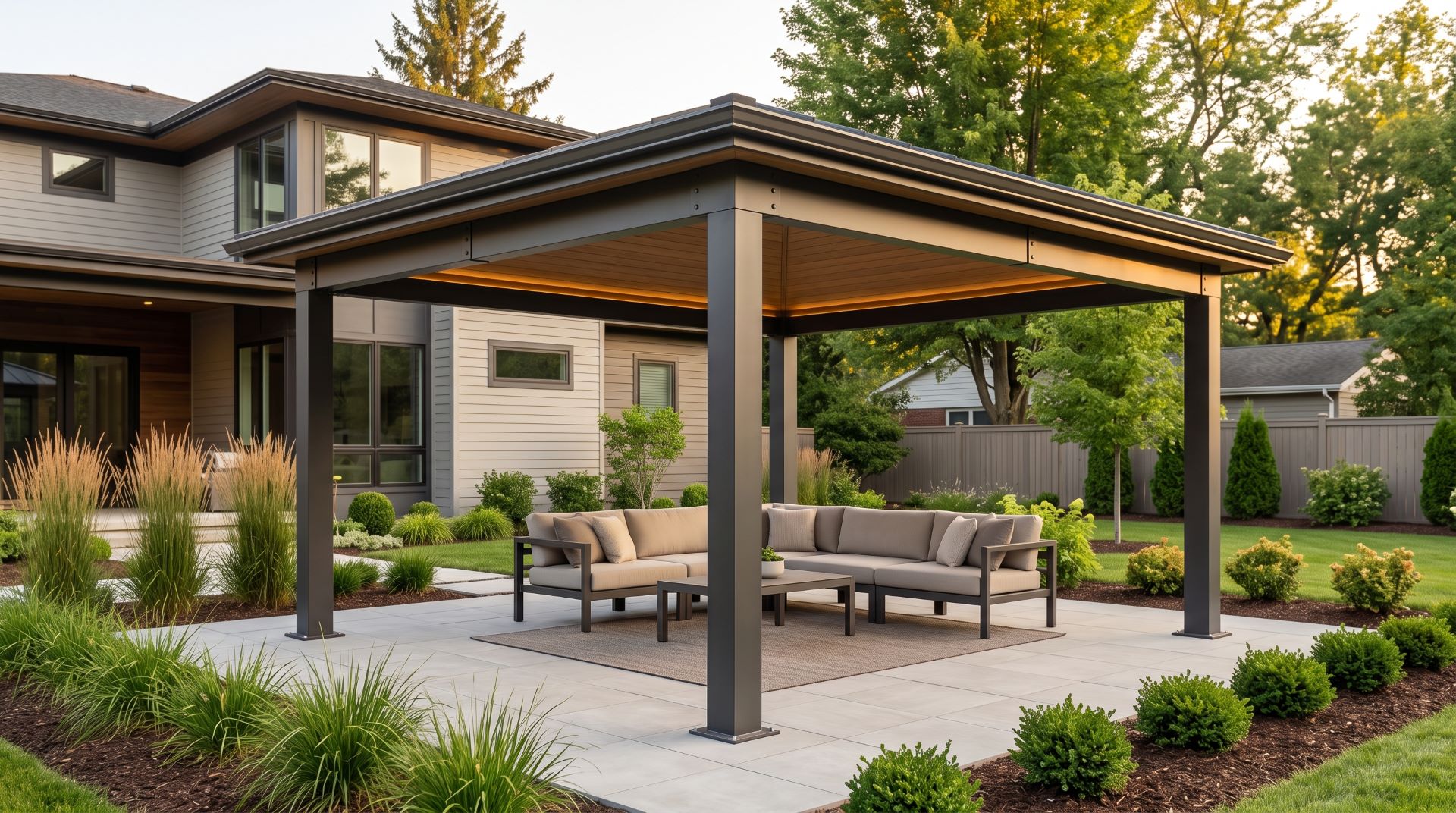 Modern rectangular gazebo with a solid roof metal support posts and outdoor lounge seating.
