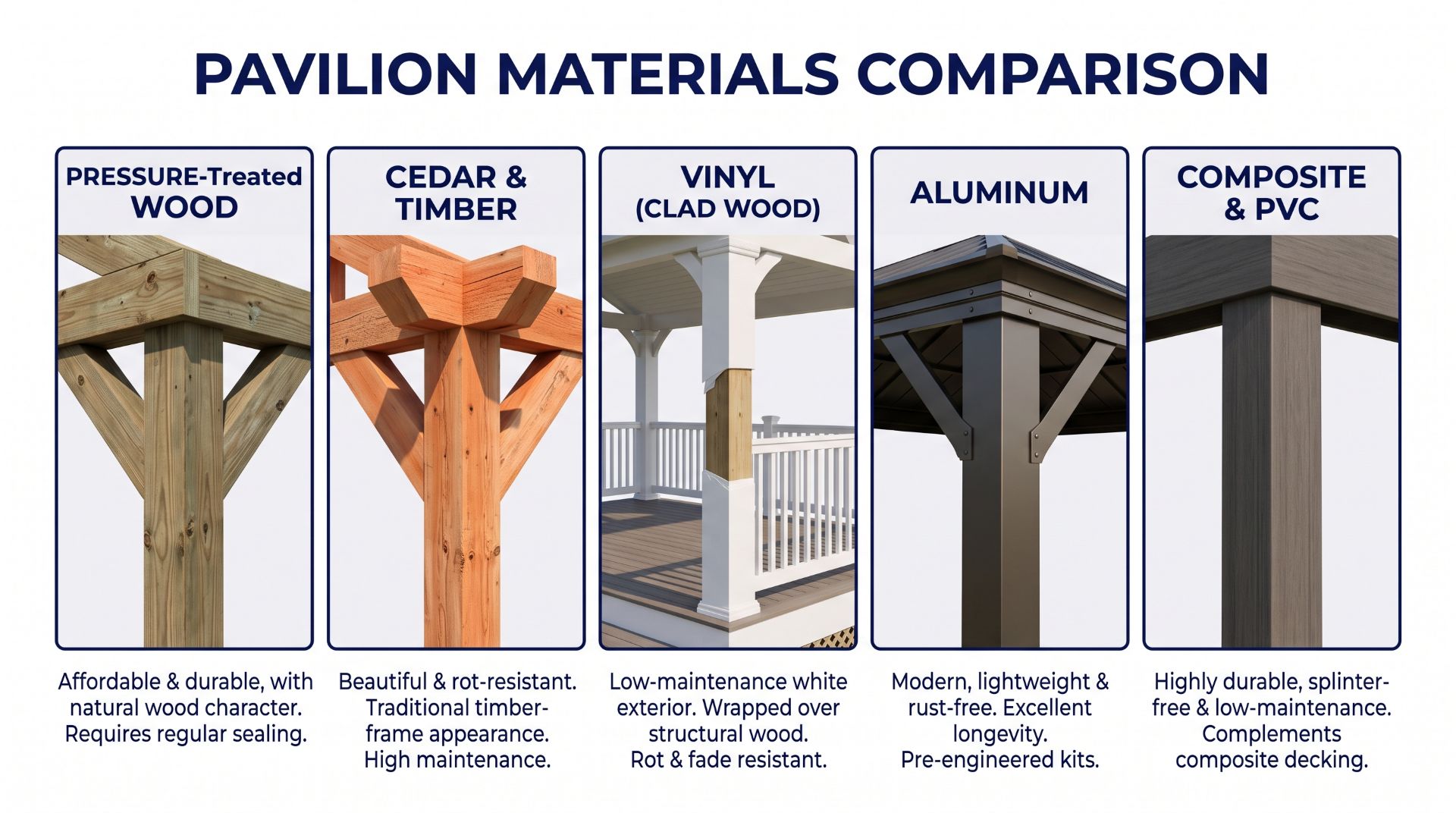 Comparison of wood cedar timber vinyl and aluminum pavilion building materials.