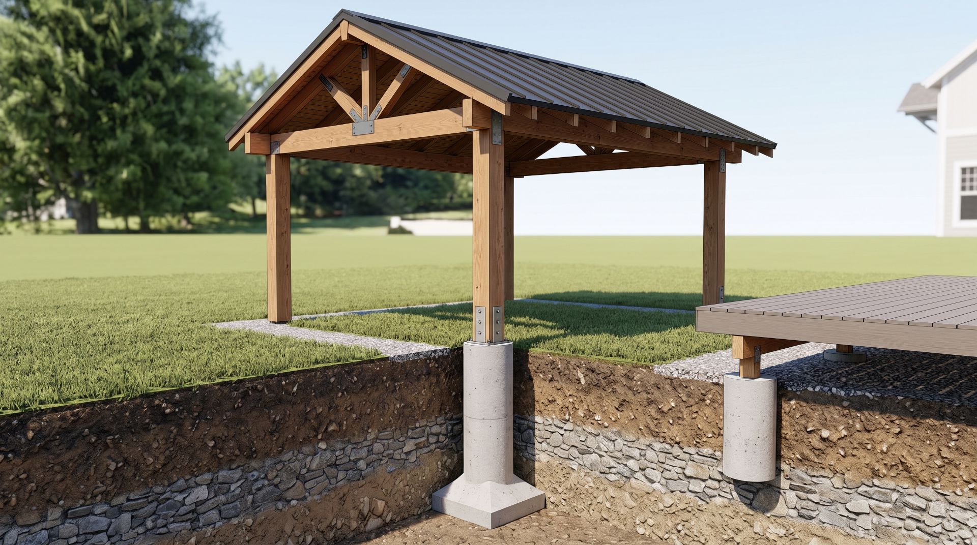 Pavilion foundation diagram showing roof load transfer through support posts and footings.