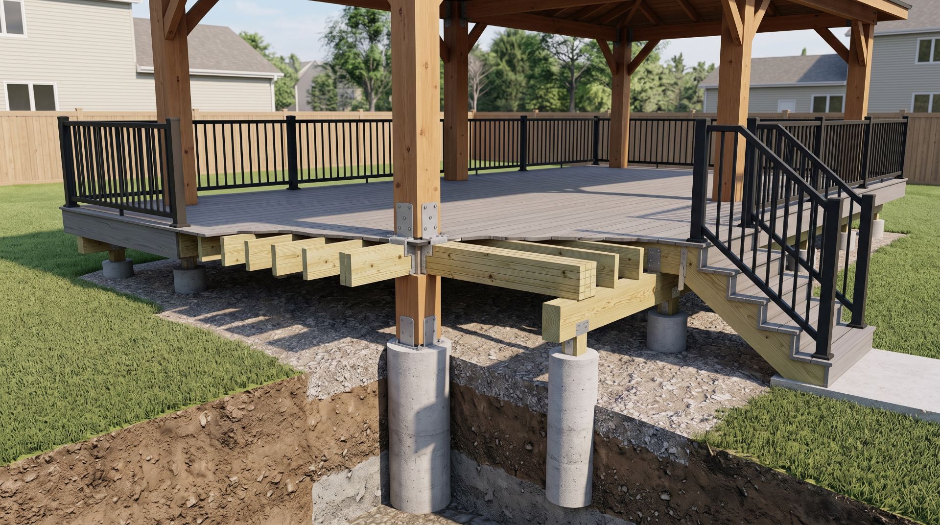 Pavilion over composite deck showing support posts framing beams and concrete footings.