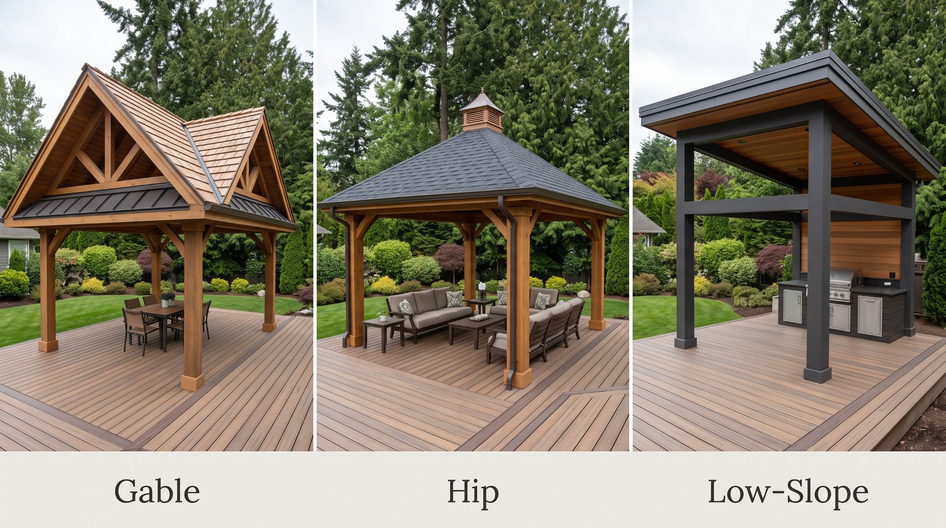 Gable hip and modern low-slope pavilion roof designs.