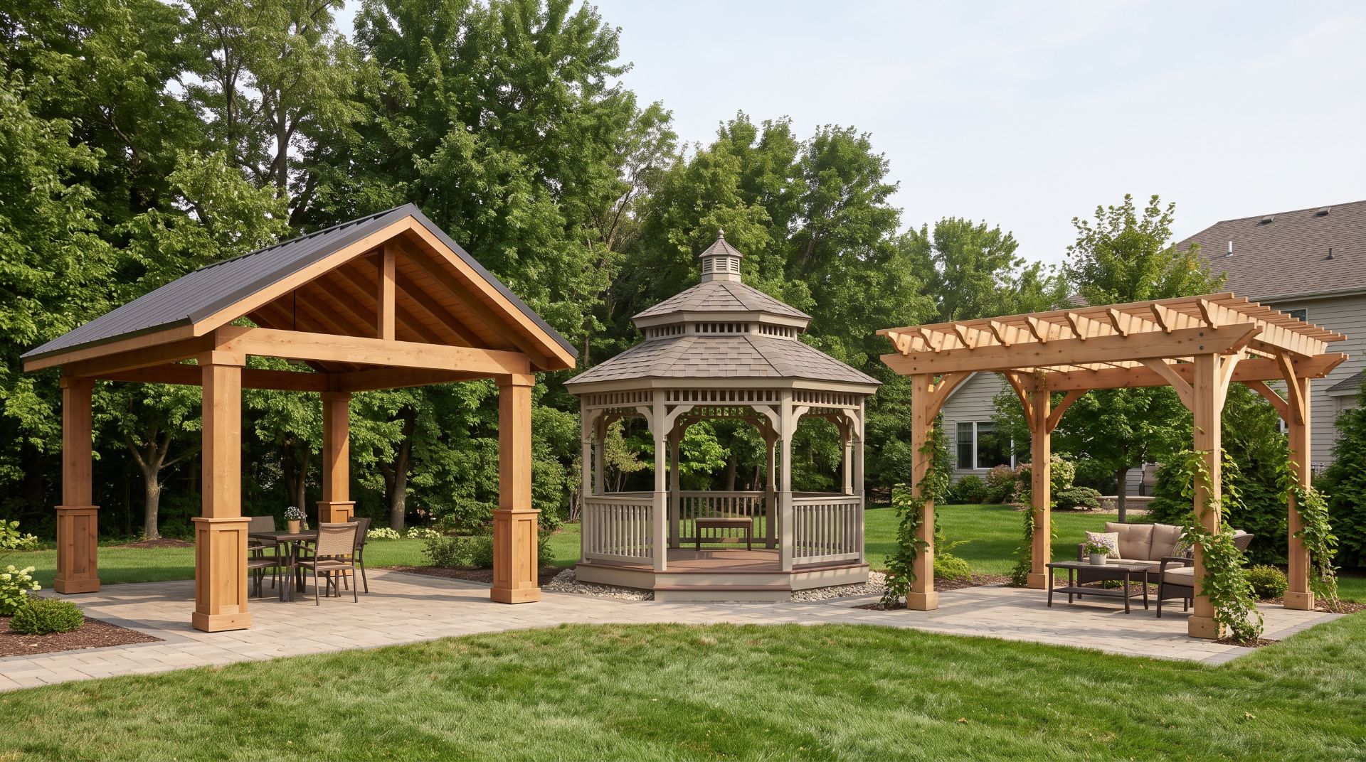 Pavilion gazebo and pergola comparison showing roof shapes and outdoor structures.