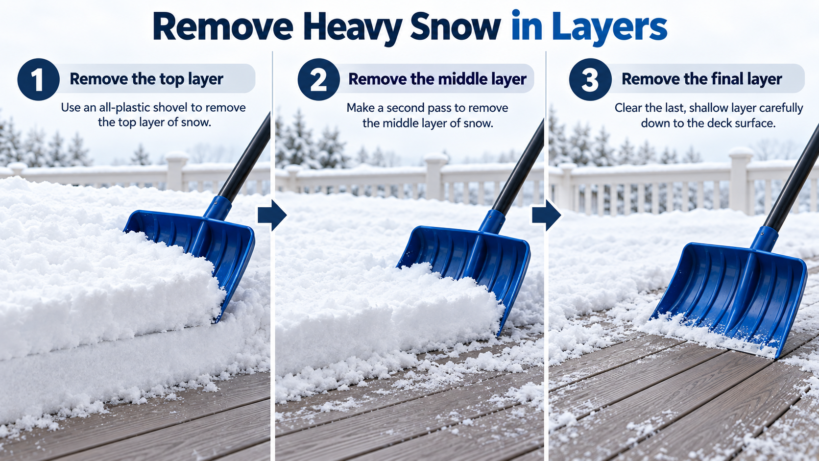 Correct way to shovel snow parallel with composite deck boards to help prevent damage.