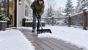 Homeowner using an all-plastic shovel to remove snow from composite decking.