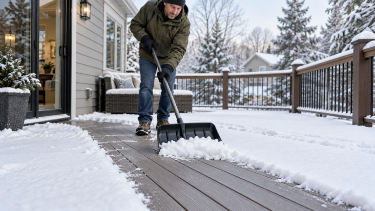 Homeowner using an all-plastic shovel to remove snow from composite decking.