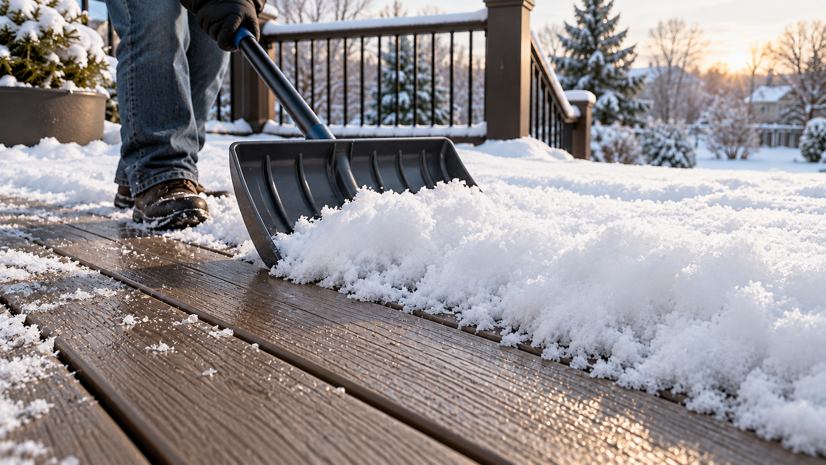 Plastic snow shovel removing snow safely from composite decking in winter.