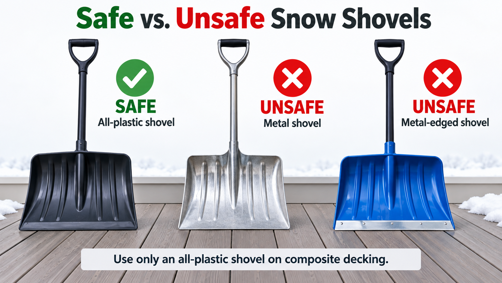 Safe all-plastic snow shovel compared with unsafe metal and metal-edged shovels for composite decking.