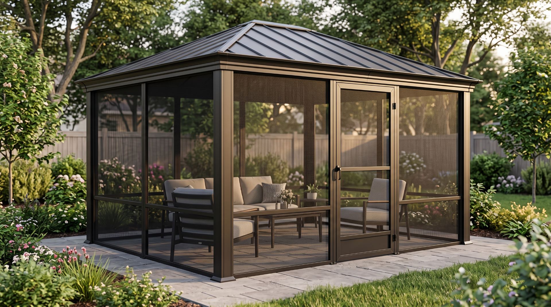 Screened gazebo with insect mesh panels a covered roof and outdoor lounge furniture.