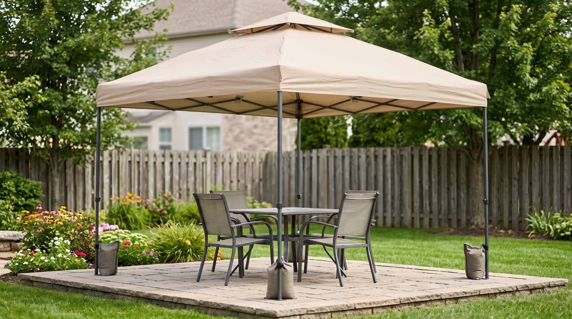 Portable soft-top pop-up gazebo with a fabric canopy and metal frame on a backyard patio.