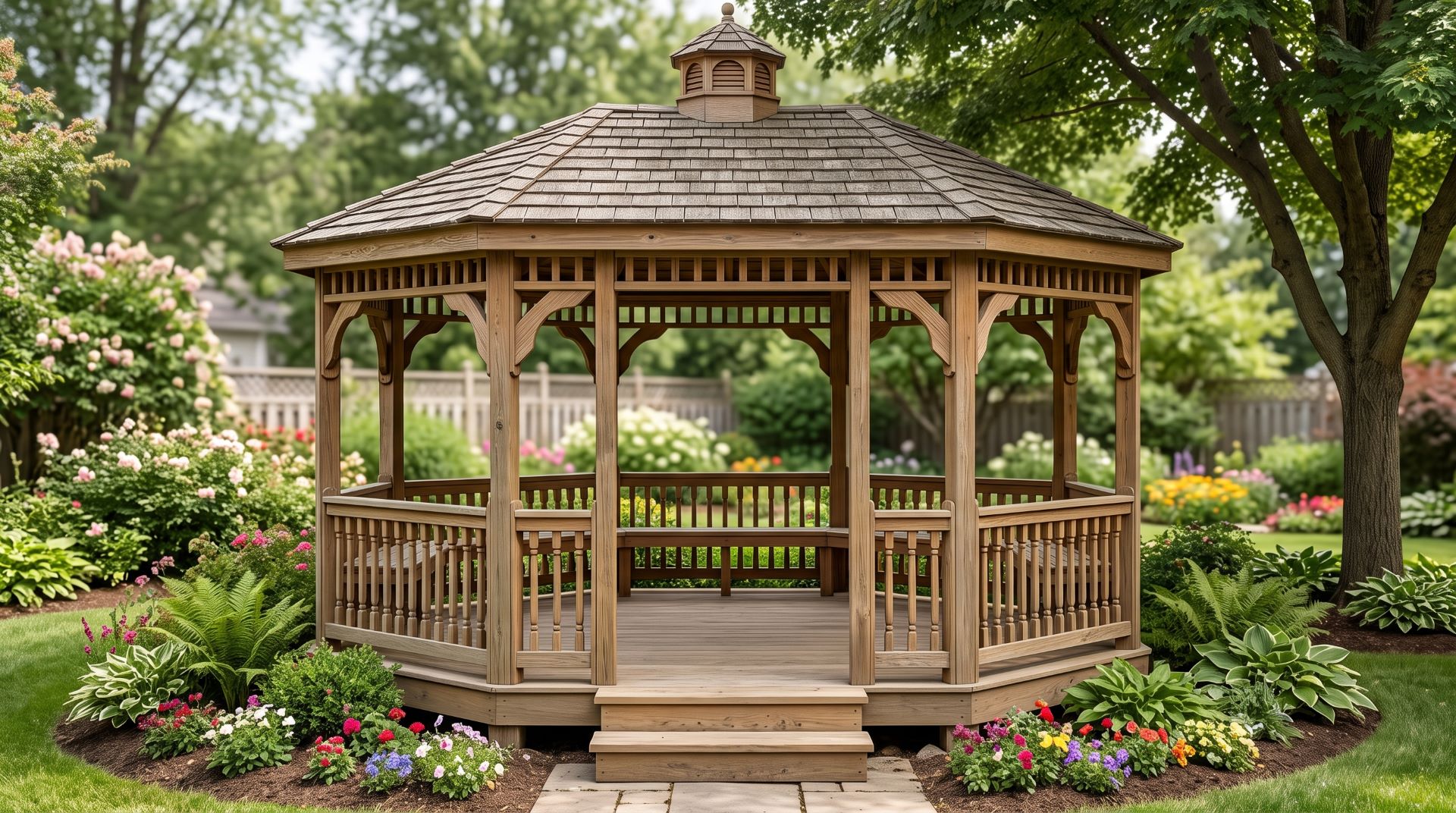 Traditional octagonal wooden gazebo with pitched roof decorative railings and garden landscaping.