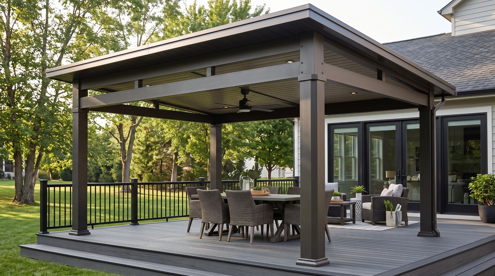 Trex Pergola Pavilion aluminum outdoor structure with solid roof and integrated gutter.