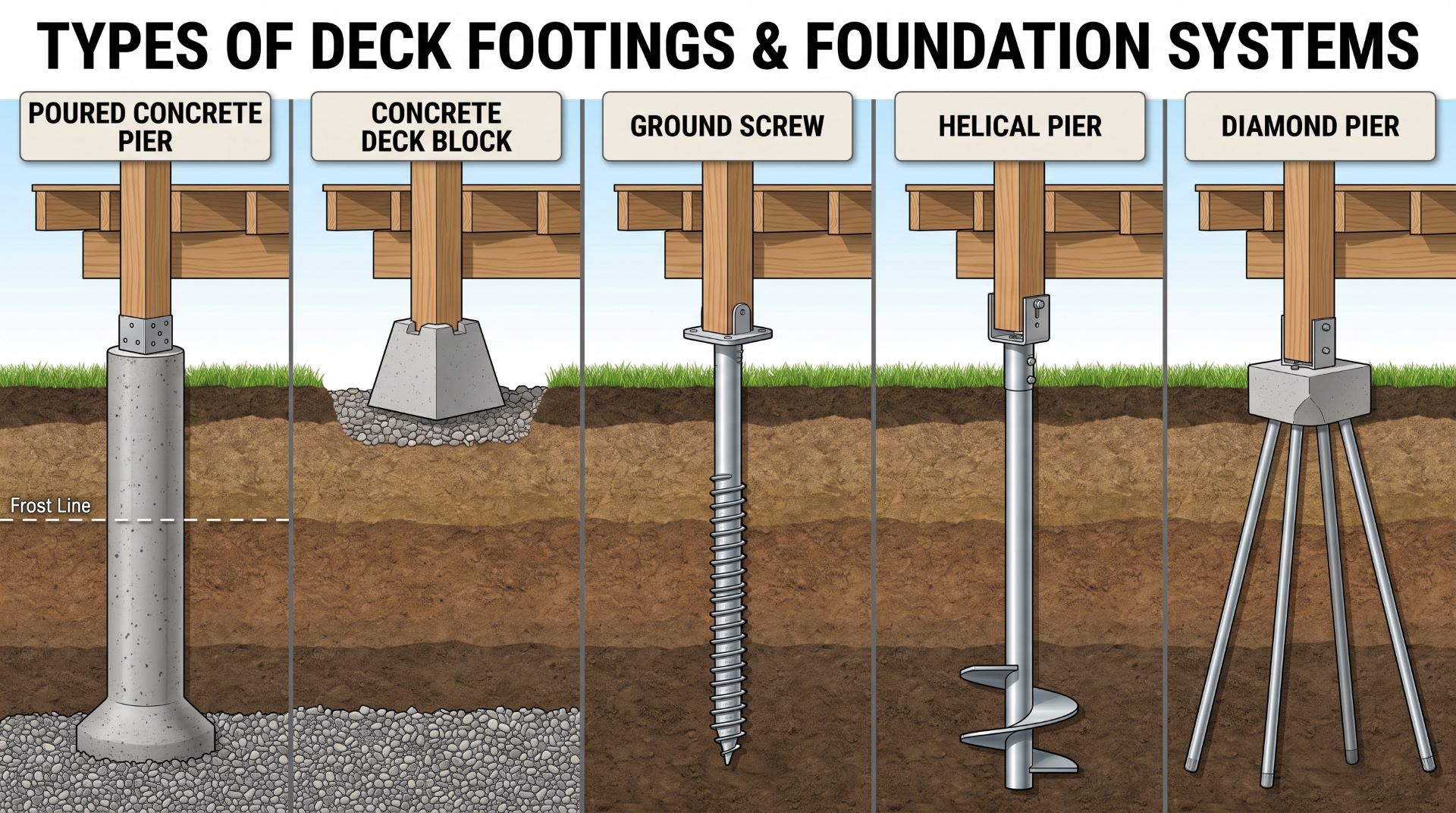 Types of deck footings including concrete deck blocks ground screws helical piers and Diamond Pier.