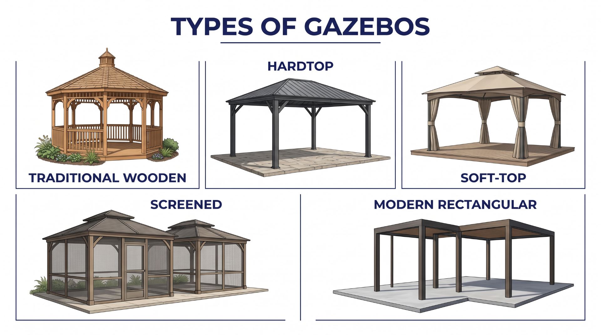 Types of gazebos including traditional wooden hardtop soft-top screened and modern rectangular gazebos.