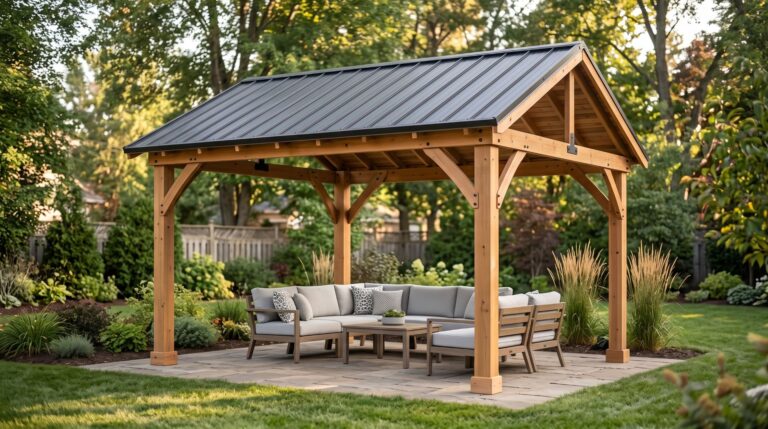 What is a gazebo example showing a modern cedar backyard gazebo with a covered roof and outdoor seating.