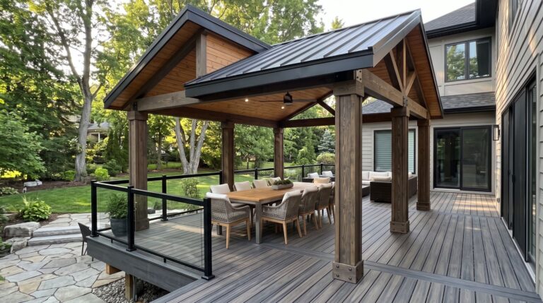 Modern outdoor pavilion with solid roof covering a composite deck and dining area.