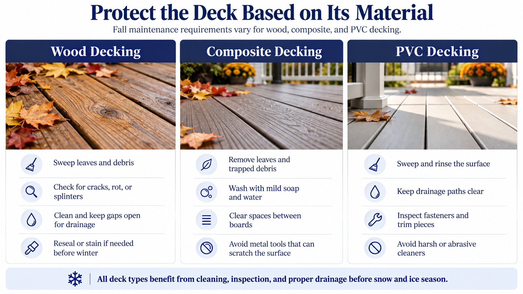 Wood composite and PVC deck winterizing steps before freezing weather.